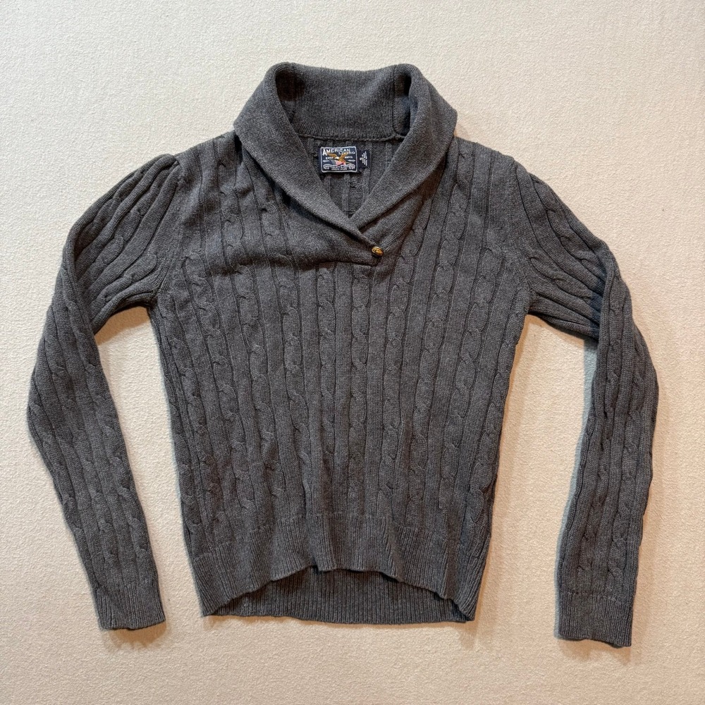 American Living Preppy Gray Cable Knit Shawl Collar Heritage Sweater Women Small